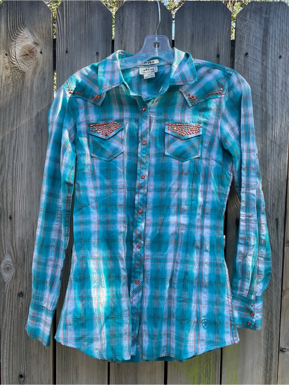Ariat Teal Plaid Western Button-Down Shirt - Picture 2 of 3